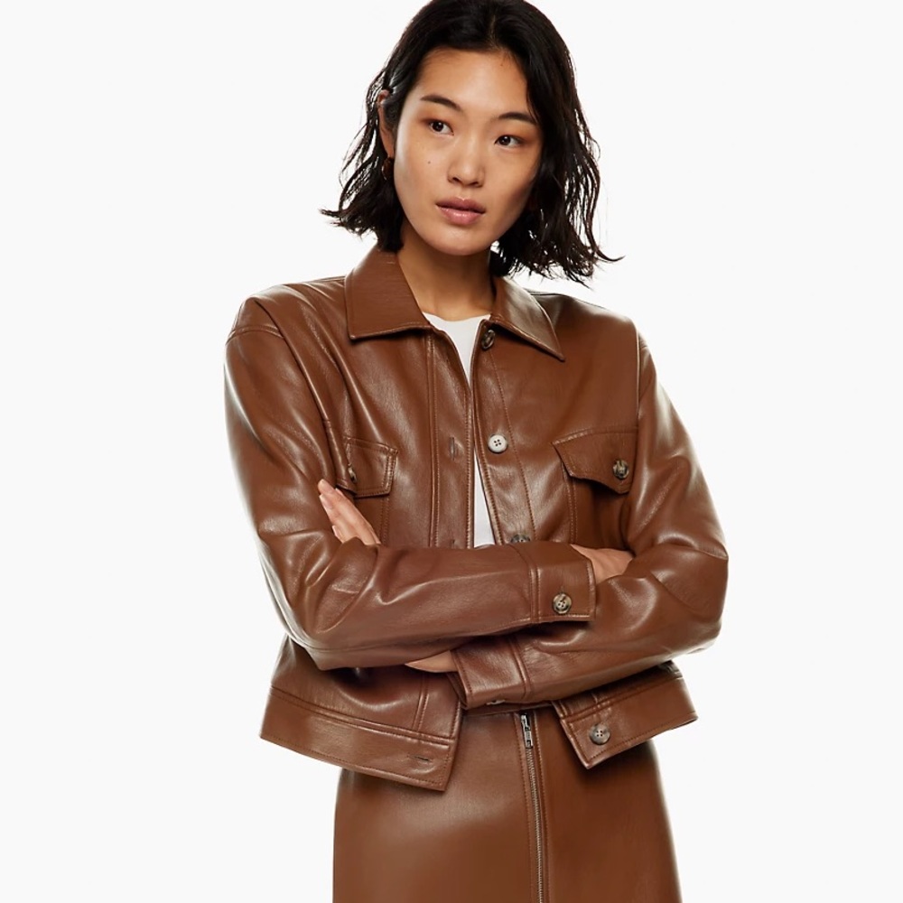 COPY - Aritzia Wilfred Button Autumn Leather Vegan Jacket medium brown